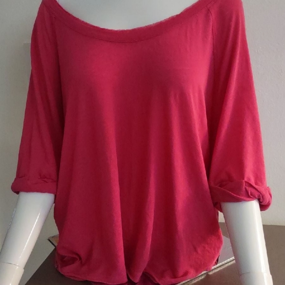 💖Free People Hot Fuschia PINK Shirt Sleeve wide neck off shoulder t-shirt New - Picture 5 of 5